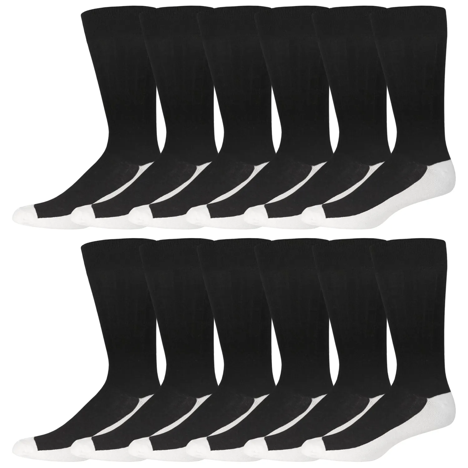 12 Pairs of Crew Diabetic Dress Socks with Non-Binding Top, Black with White Sole, Sock Size 10-13