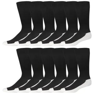12 Pairs of Crew Diabetic Dress Socks with Non-Binding Top, Black with White Sole, Sock Size 10-13