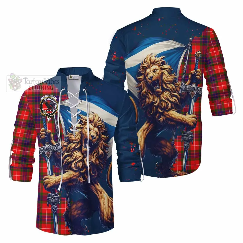 Abernethy Tartan Family Crest Ghillie Kilt Shirt with Scottish Majestic Lion