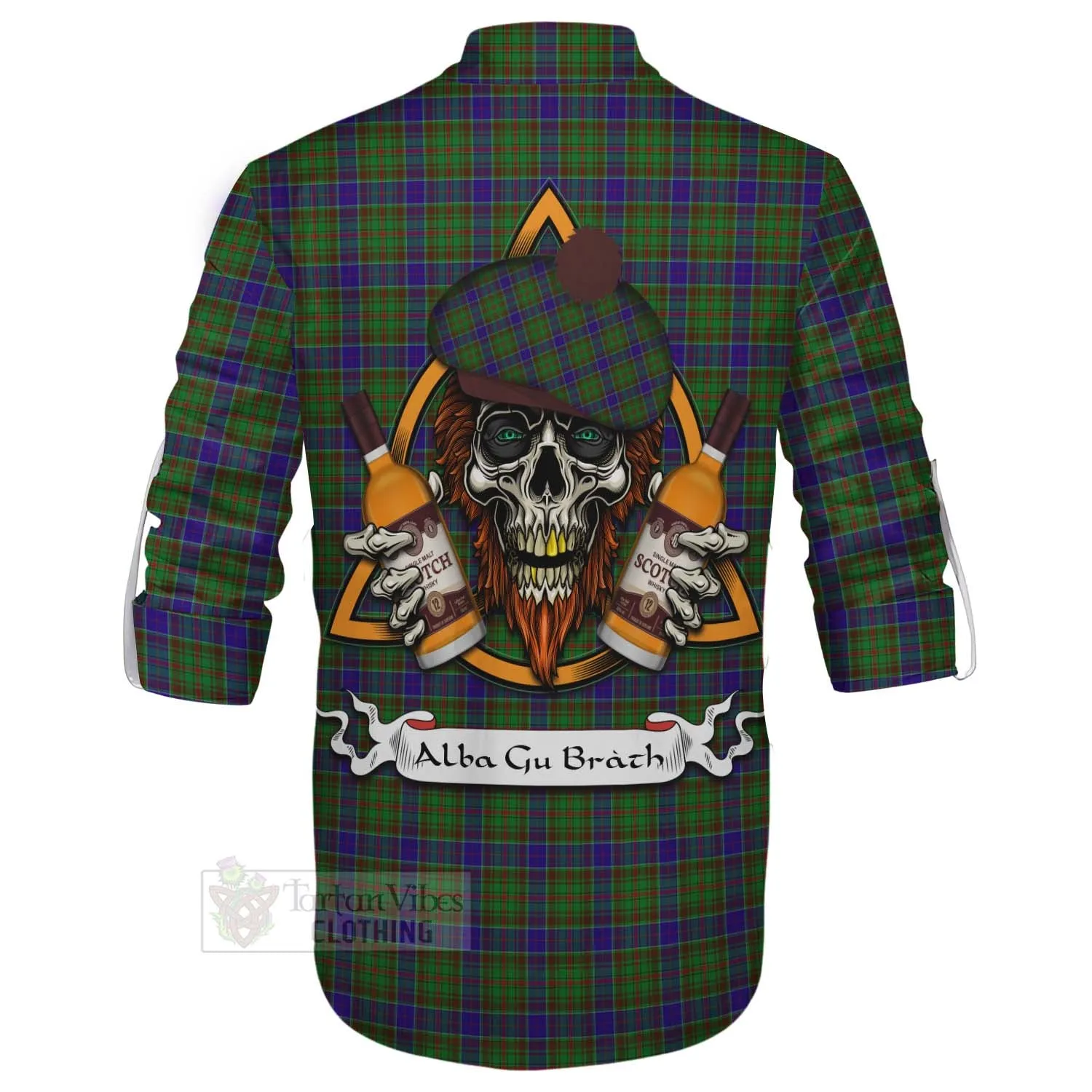 Adam Tartan Ghillie Kilt Shirt with Family Crest and Bearded Skull Holding Bottles of Whiskey