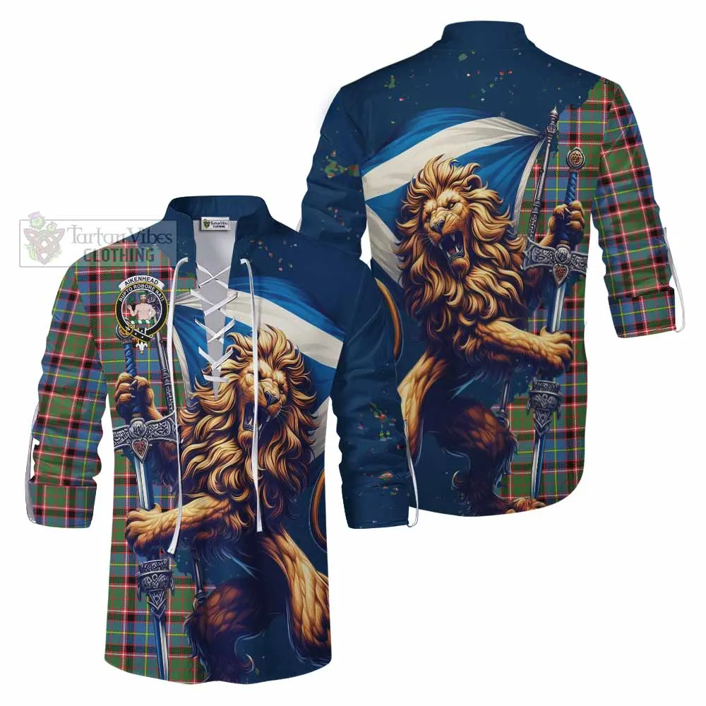 Aikenhead Tartan Family Crest Ghillie Kilt Shirt with Scottish Majestic Lion