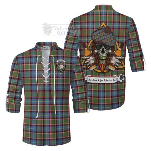 Aikenhead Tartan Ghillie Kilt Shirt with Family Crest and Bearded Skull Holding Bottles of Whiskey
