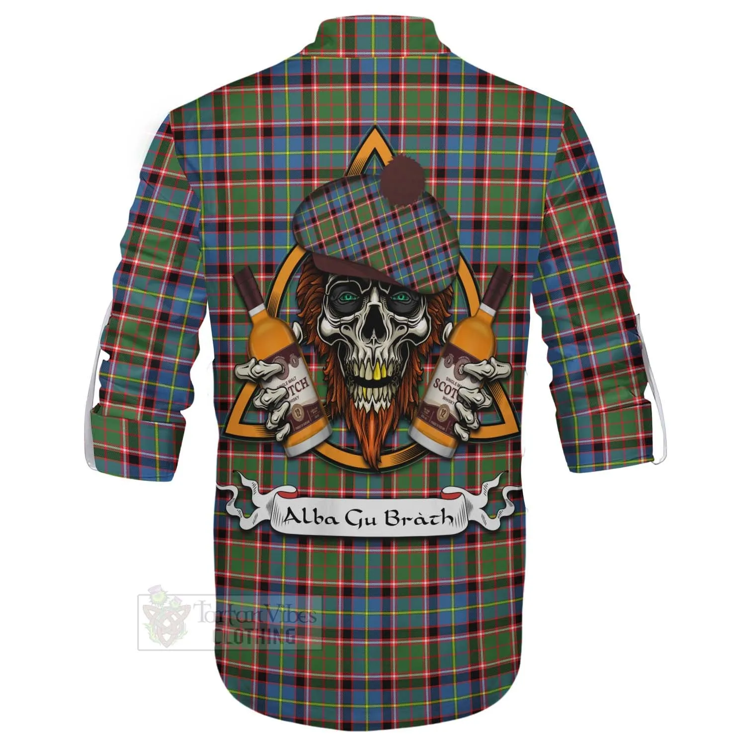 Aikenhead Tartan Ghillie Kilt Shirt with Family Crest and Bearded Skull Holding Bottles of Whiskey