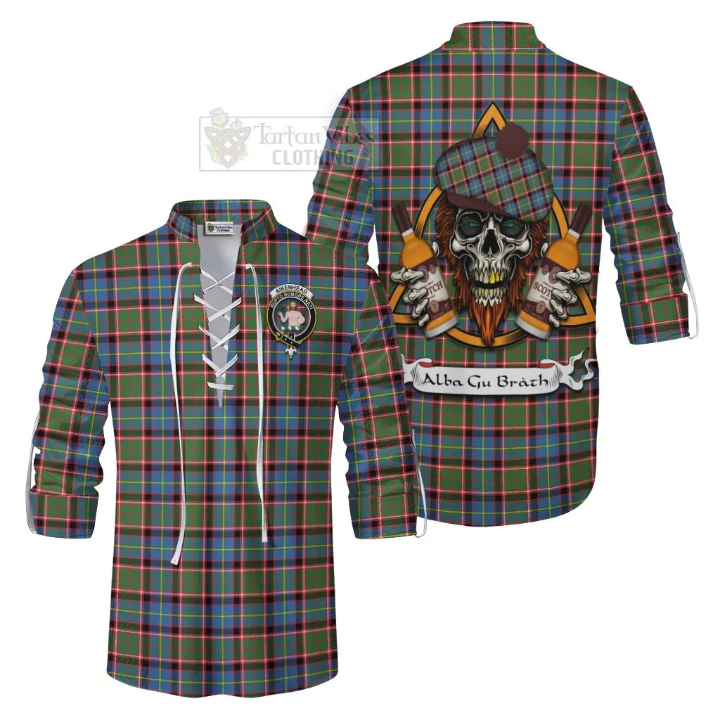 Aikenhead Tartan Ghillie Kilt Shirt with Family Crest and Bearded Skull Holding Bottles of Whiskey