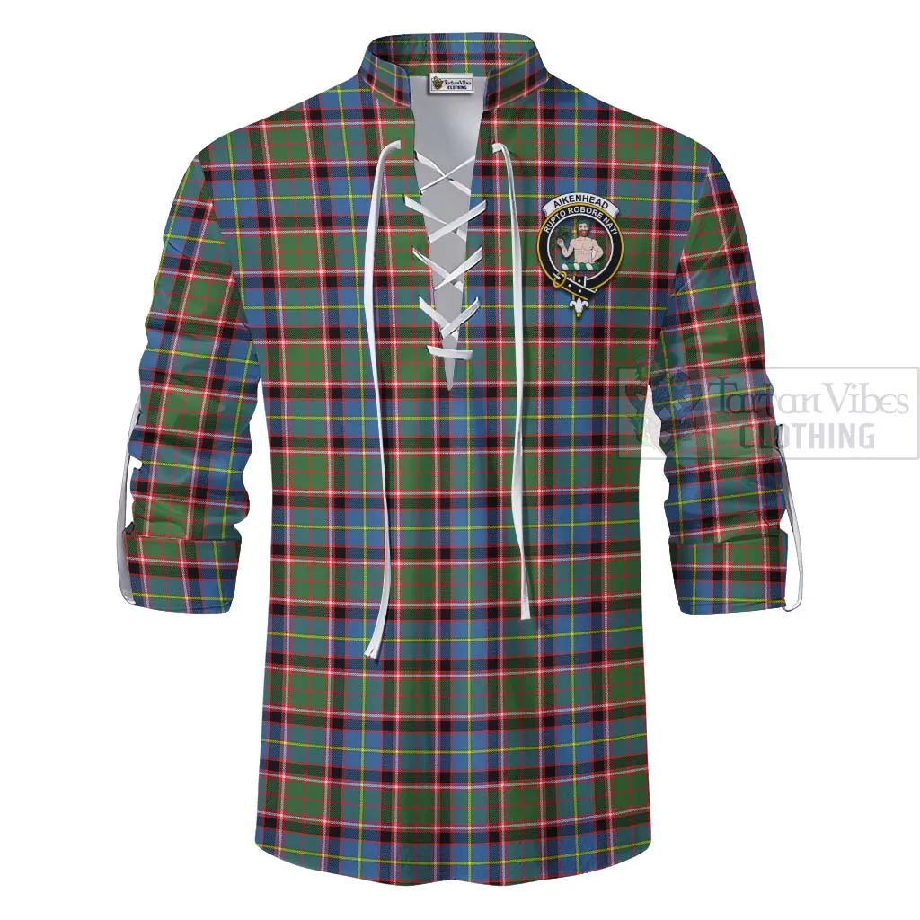 Aikenhead Tartan Ghillie Kilt Shirt with Family Crest and Bearded Skull Holding Bottles of Whiskey