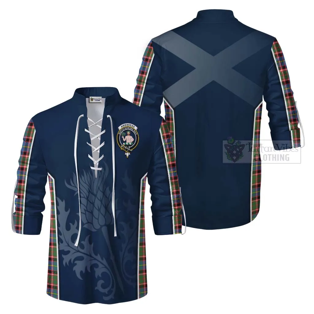 Aikenhead Tartan Ghillie Kilt Shirt with Family Crest and Scottish Thistle Vibes Sport Style
