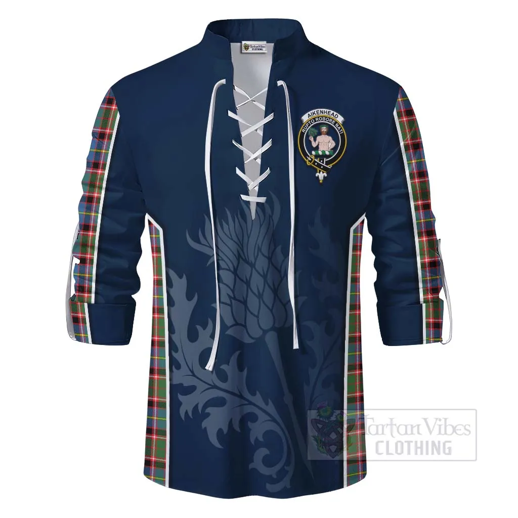 Aikenhead Tartan Ghillie Kilt Shirt with Family Crest and Scottish Thistle Vibes Sport Style