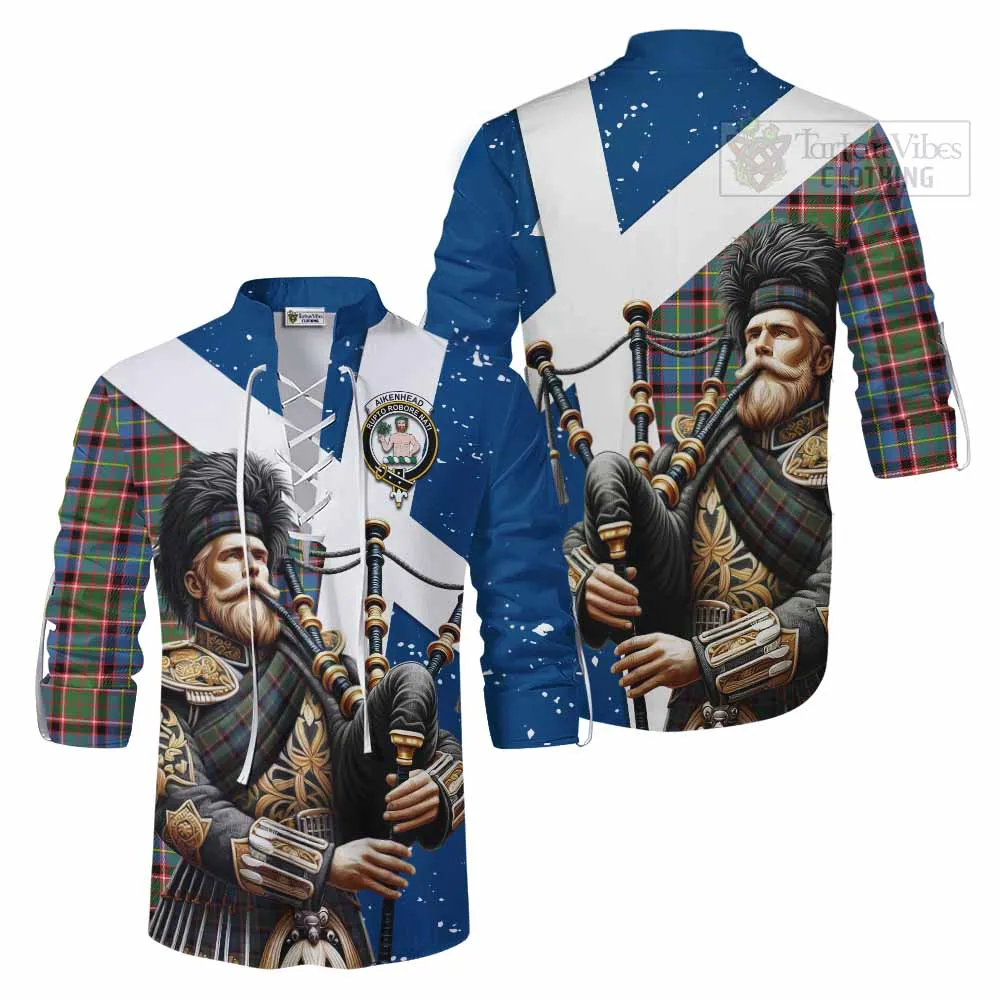 Aikenhead Tartan Ghillie Kilt Shirt with Family Crest Scottish Bagpiper Vibes