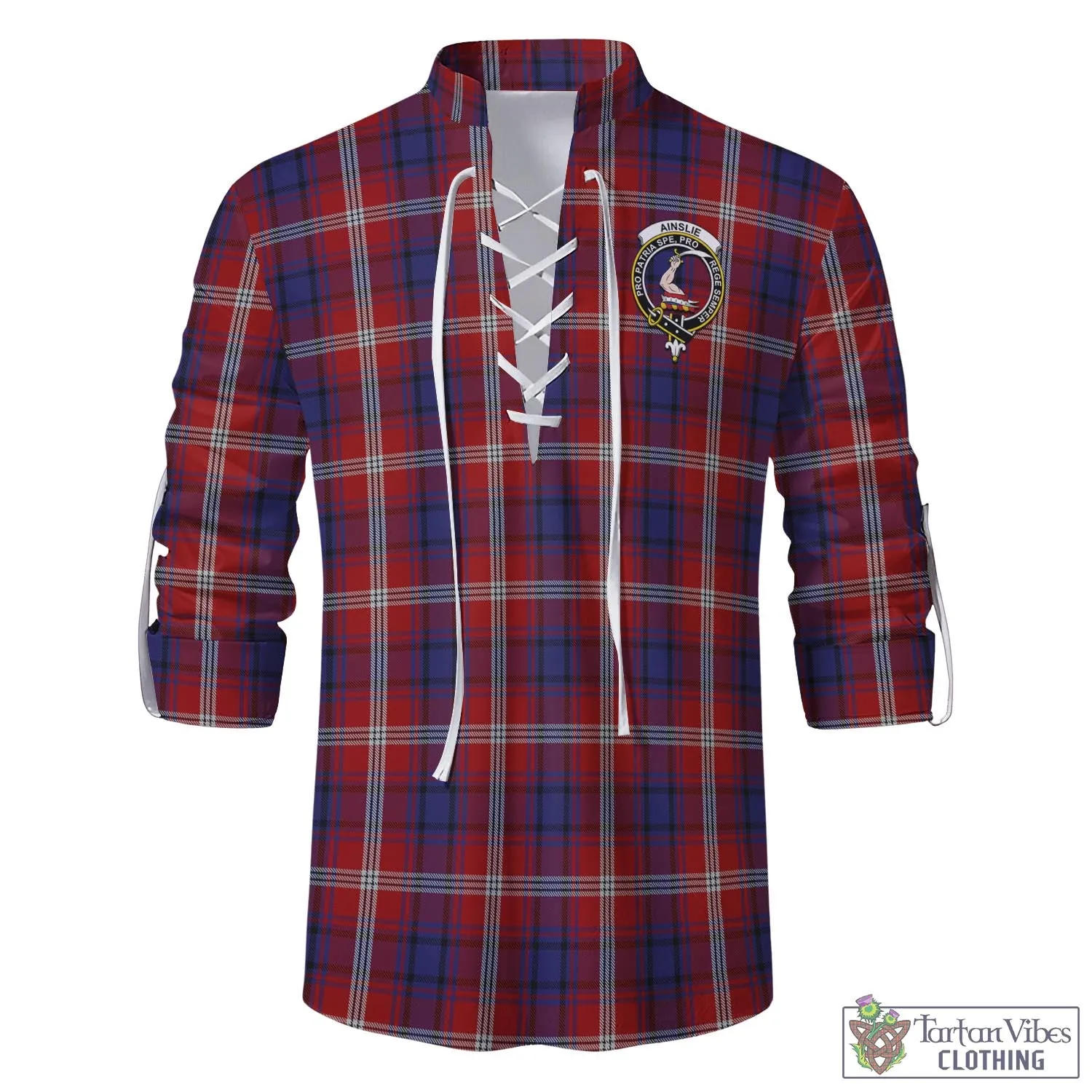 Ainslie Tartan Men's Scottish Traditional Jacobite Ghillie Kilt Shirt with Family Crest