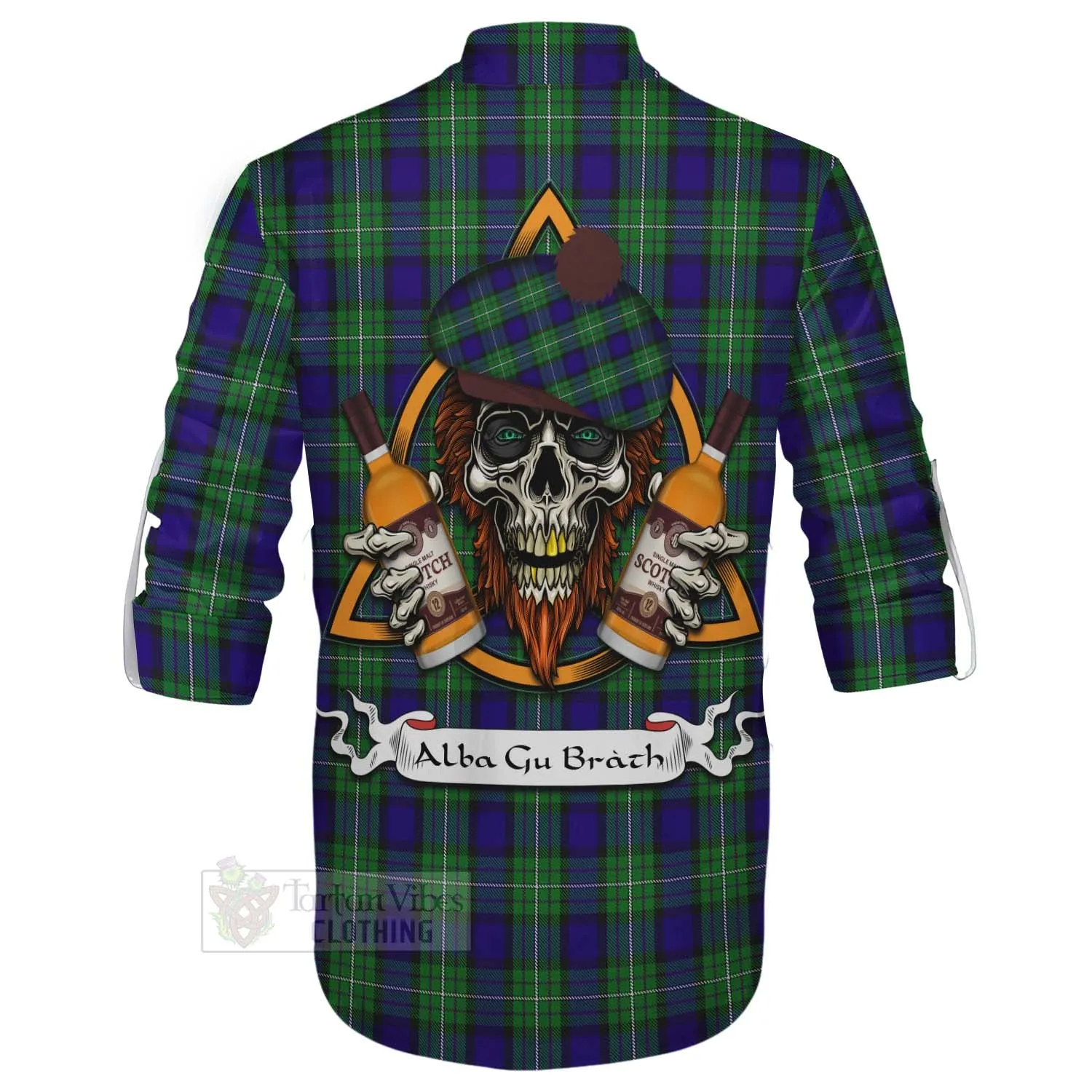 Alexander Tartan Ghillie Kilt Shirt with Family Crest and Bearded Skull Holding Bottles of Whiskey