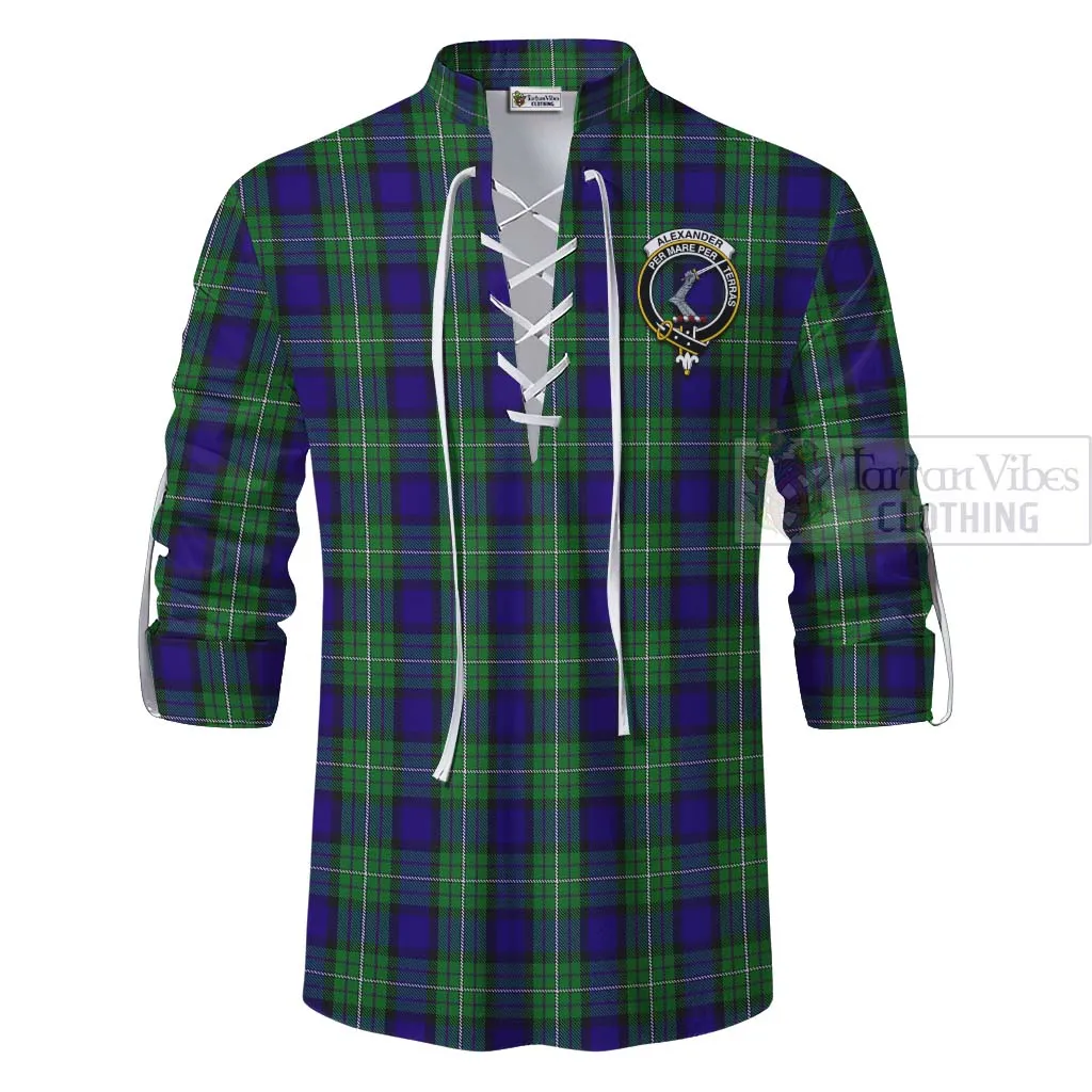 Alexander Tartan Ghillie Kilt Shirt with Family Crest and Bearded Skull Holding Bottles of Whiskey