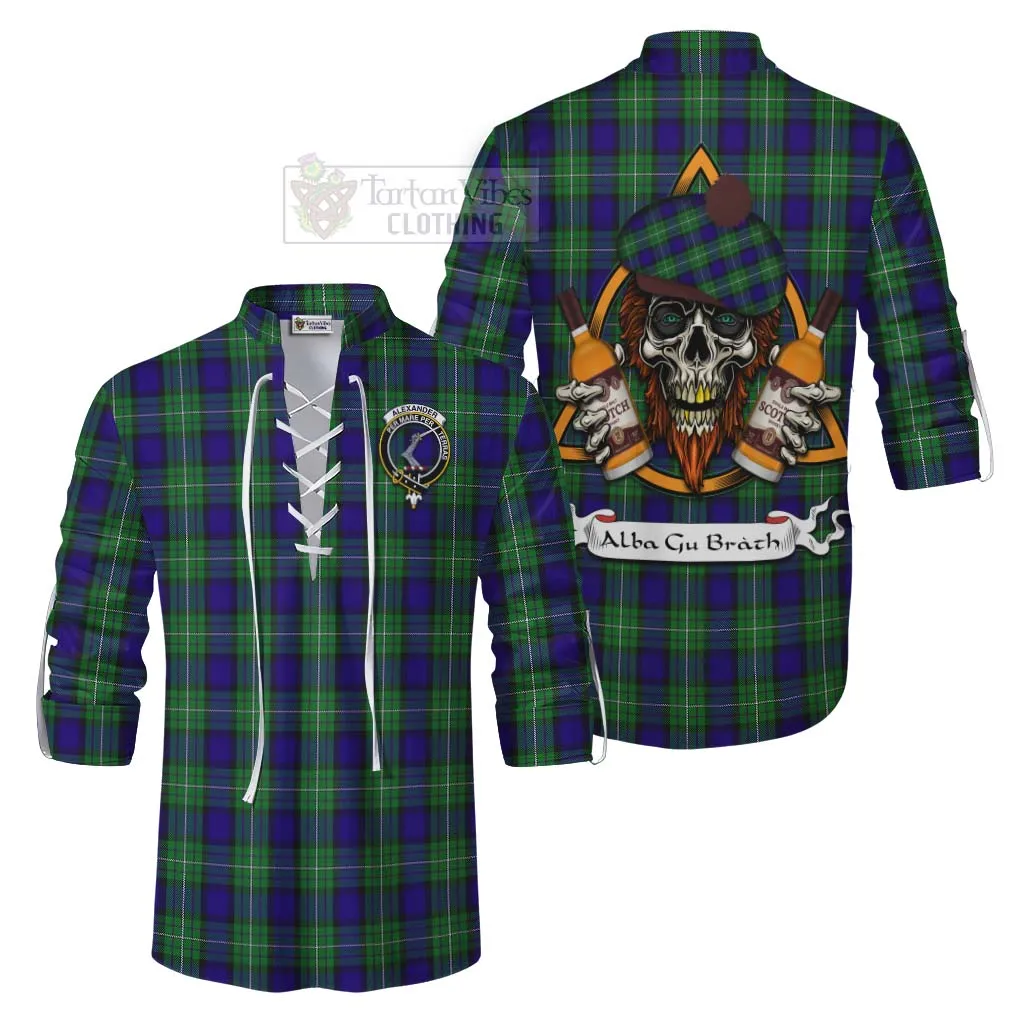 Alexander Tartan Ghillie Kilt Shirt with Family Crest and Bearded Skull Holding Bottles of Whiskey