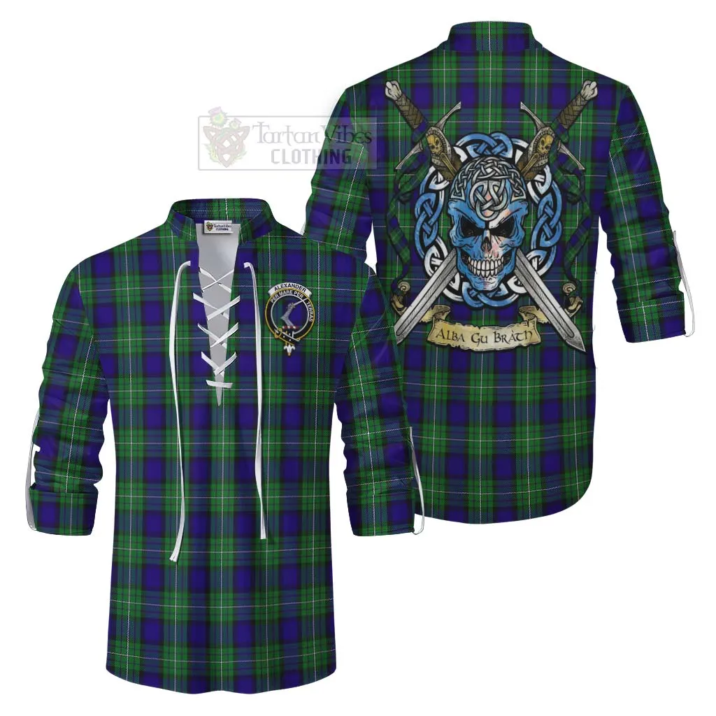 Alexander Tartan Ghillie Kilt Shirt with Family Crest Celtic Skull Style