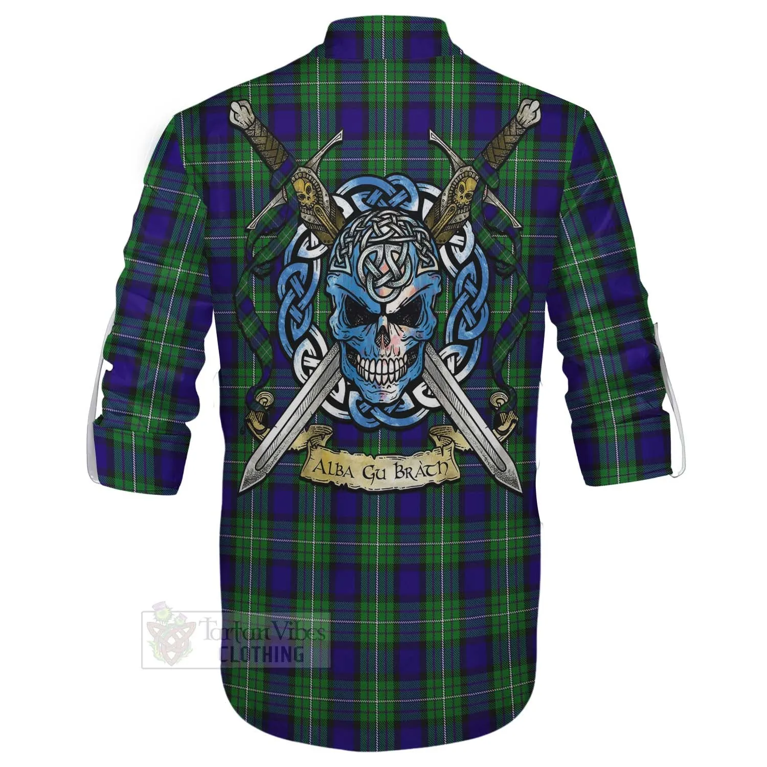 Alexander Tartan Ghillie Kilt Shirt with Family Crest Celtic Skull Style