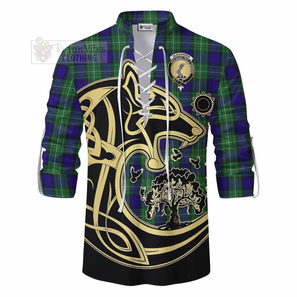 Alexander Tartan Ghillie Kilt Shirt with Family Crest Celtic Wolf Style
