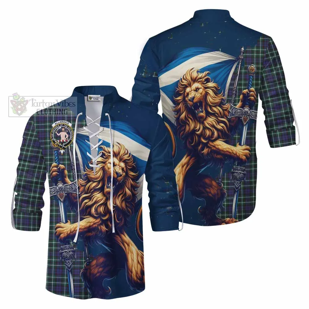 Allardice Tartan Family Crest Ghillie Kilt Shirt with Scottish Majestic Lion