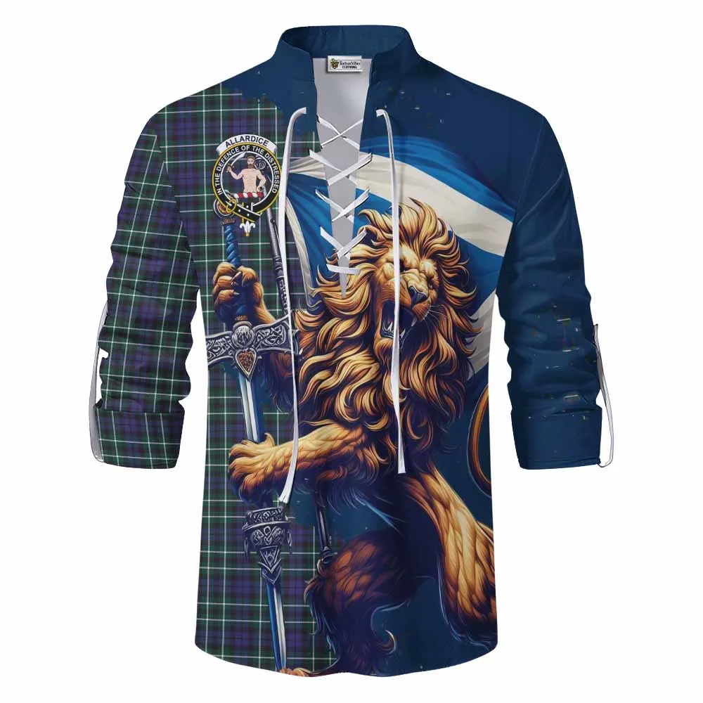 Allardice Tartan Family Crest Ghillie Kilt Shirt with Scottish Majestic Lion
