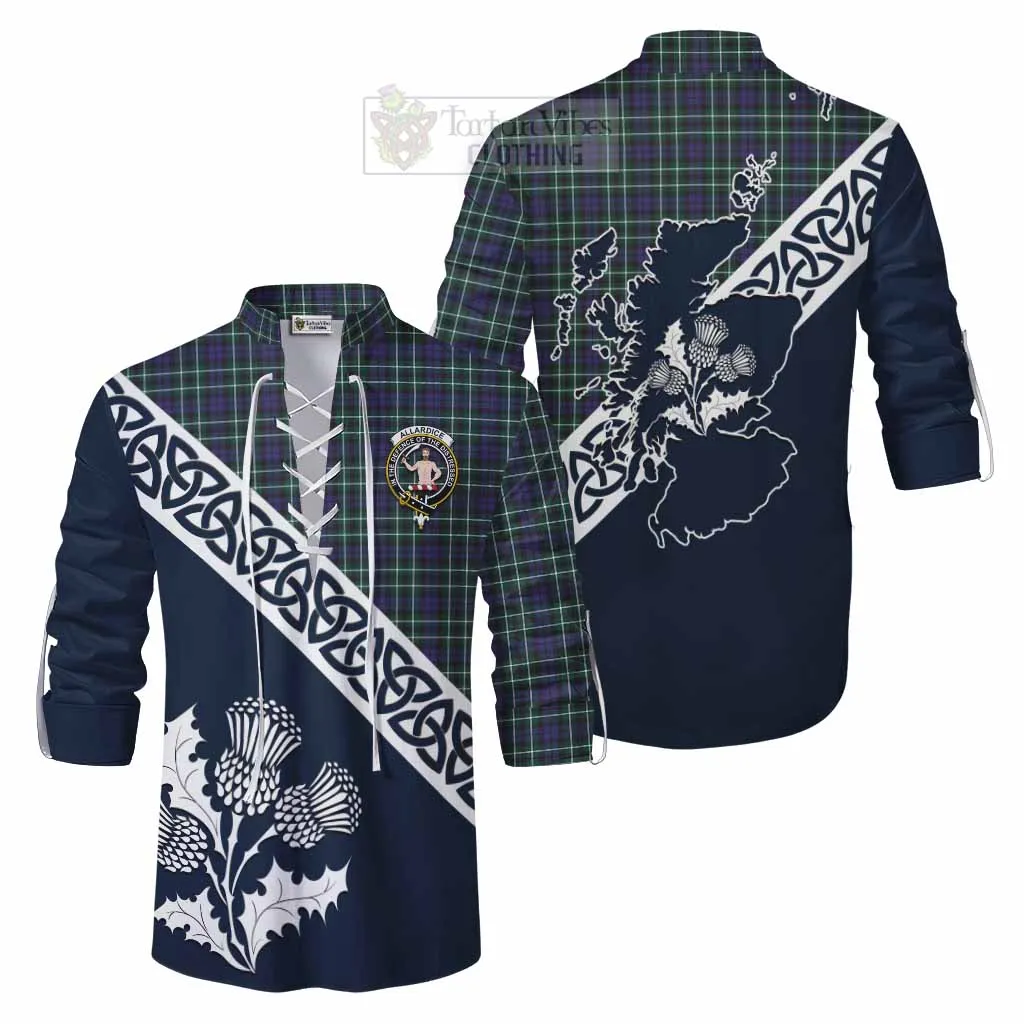 Allardice Tartan Ghillie Kilt Shirt Featuring Thistle and Scotland Map
