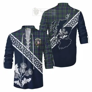 Allardice Tartan Ghillie Kilt Shirt Featuring Thistle and Scotland Map