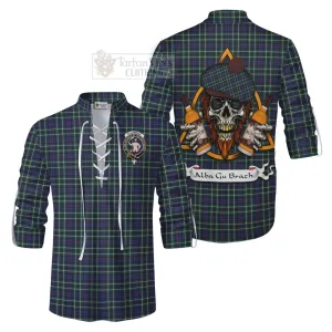 Allardice Tartan Ghillie Kilt Shirt with Family Crest and Bearded Skull Holding Bottles of Whiskey
