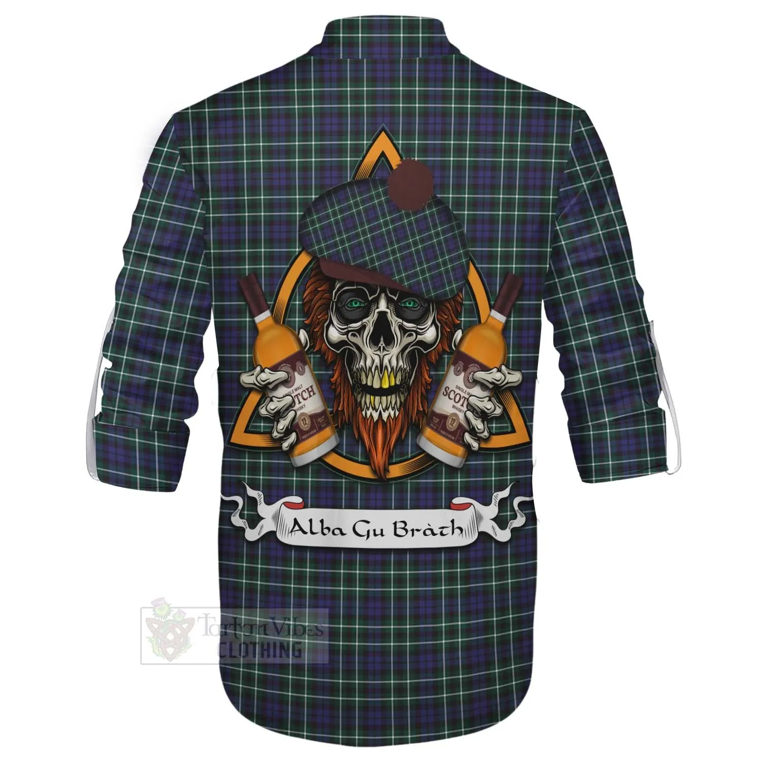 Allardice Tartan Ghillie Kilt Shirt with Family Crest and Bearded Skull Holding Bottles of Whiskey
