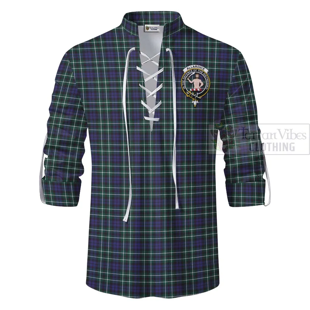 Allardice Tartan Ghillie Kilt Shirt with Family Crest and Bearded Skull Holding Bottles of Whiskey