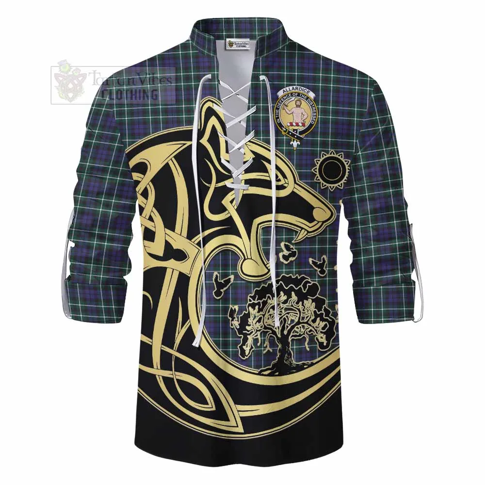 Allardice Tartan Ghillie Kilt Shirt with Family Crest Celtic Wolf Style