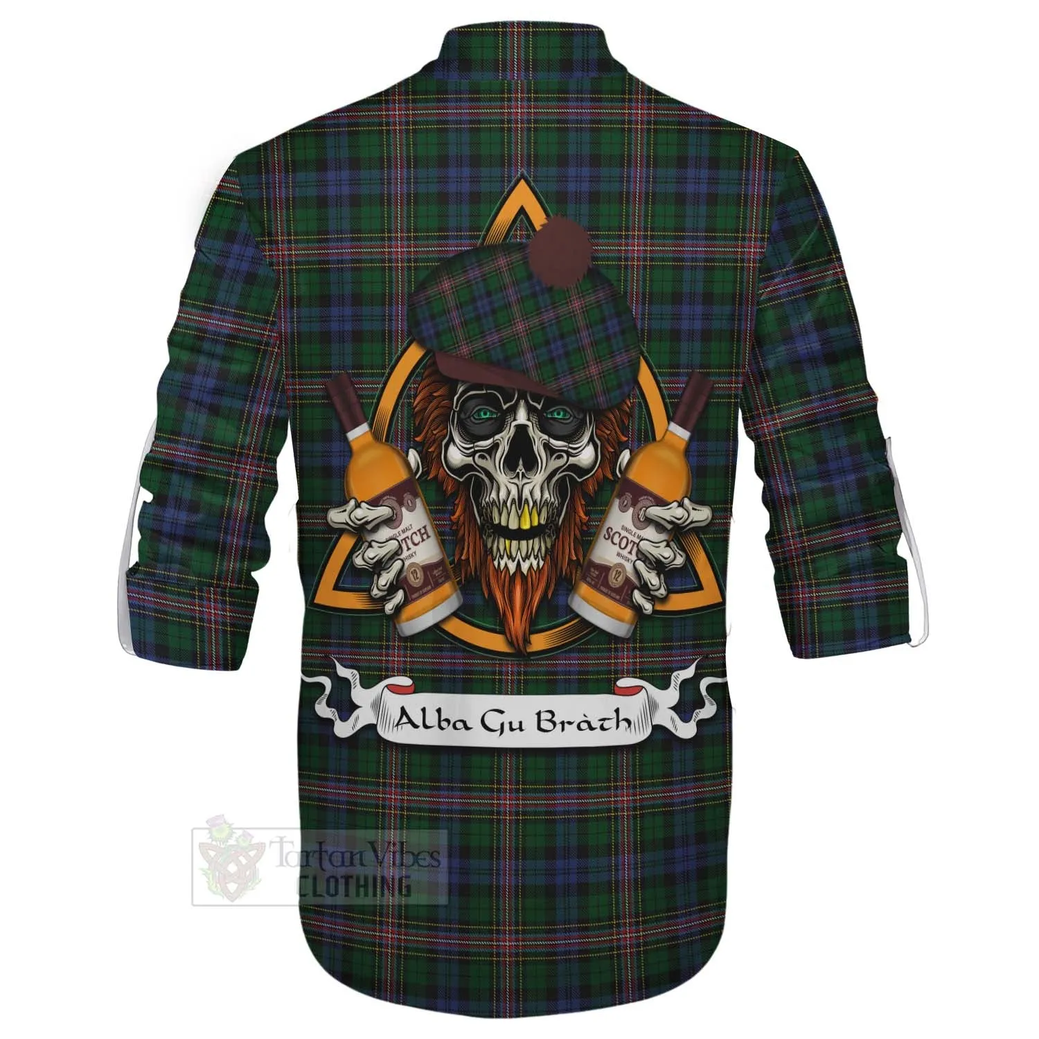 Allison Tartan Ghillie Kilt Shirt with Family Crest and Bearded Skull Holding Bottles of Whiskey