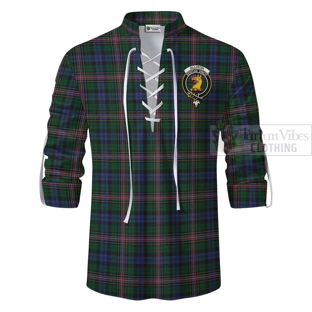 Allison Tartan Ghillie Kilt Shirt with Family Crest and Bearded Skull Holding Bottles of Whiskey