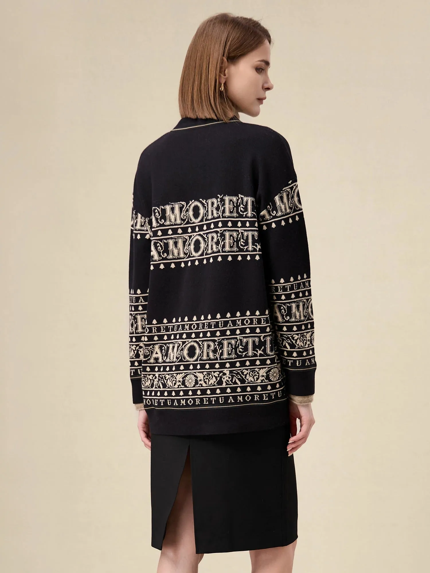 Amoretu Brand Patterned Long Sleeve Knit Cardigan