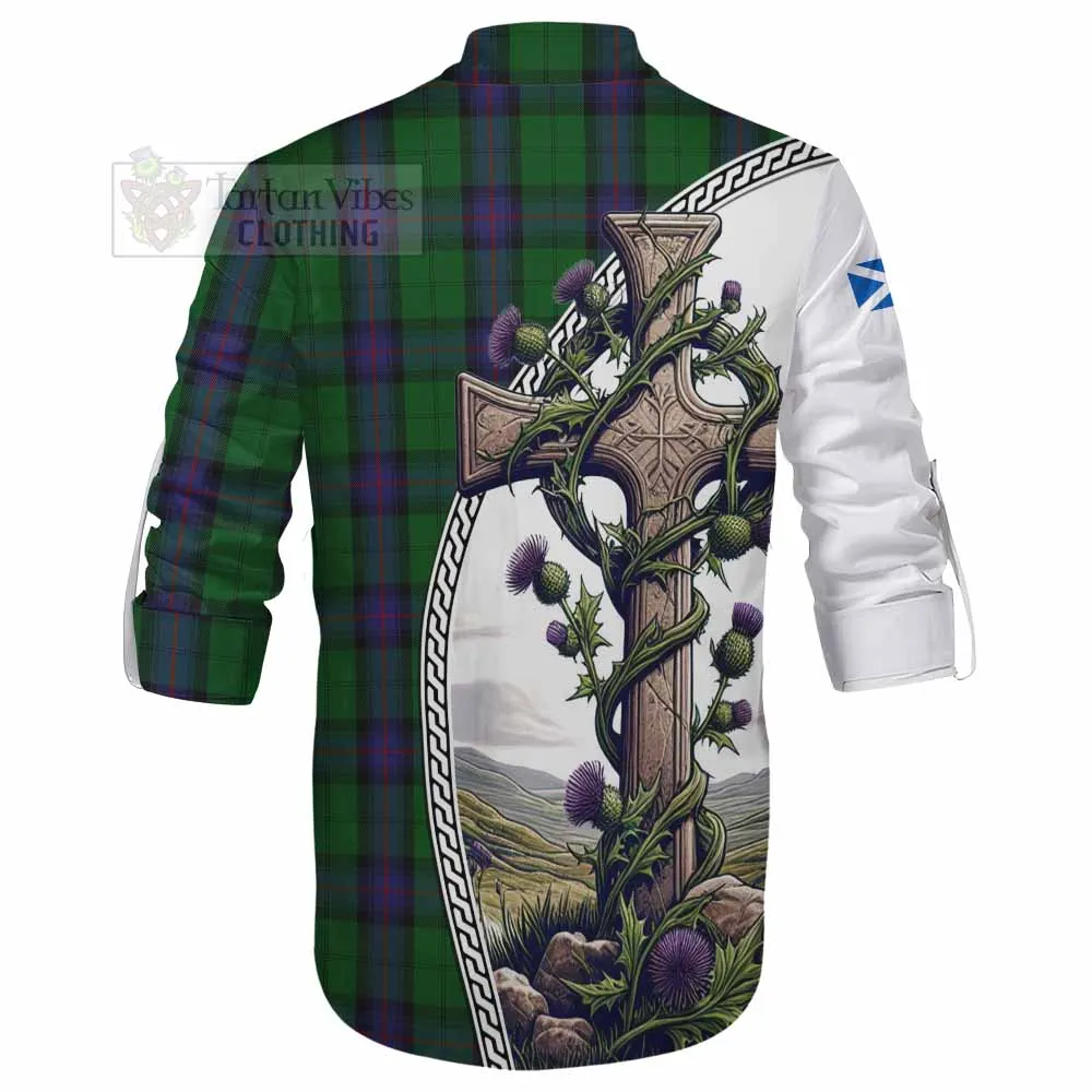 Armstrong Tartan Ghillie Kilt Shirt with Family Crest and St. Andrew's Cross Accented by Thistle Vines