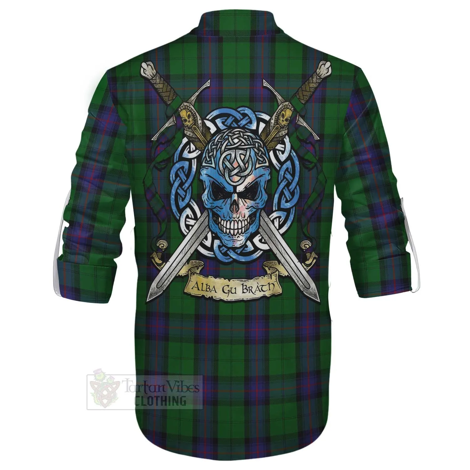 Armstrong Tartan Ghillie Kilt Shirt with Family Crest Celtic Skull Style