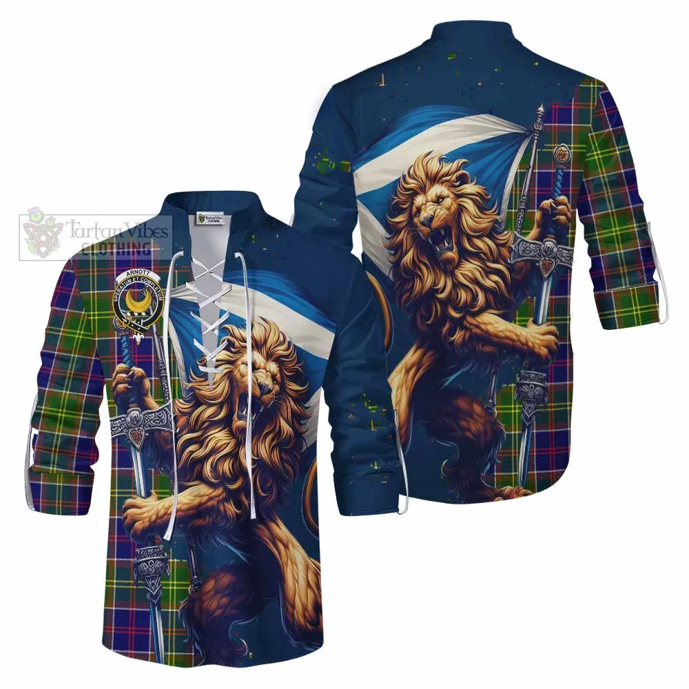 Arnott Tartan Family Crest Ghillie Kilt Shirt with Scottish Majestic Lion