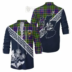 Arnott Tartan Ghillie Kilt Shirt Featuring Thistle and Scotland Map