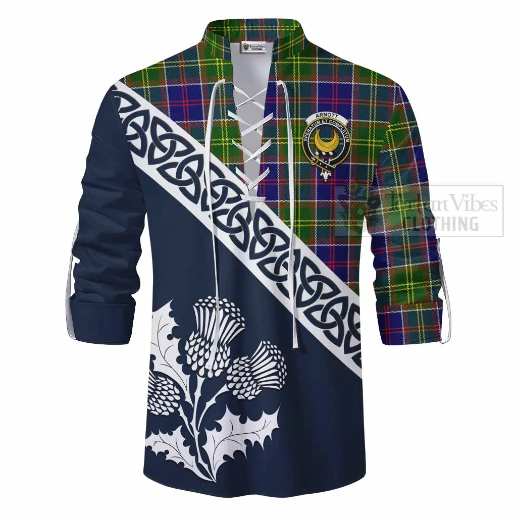 Arnott Tartan Ghillie Kilt Shirt Featuring Thistle and Scotland Map