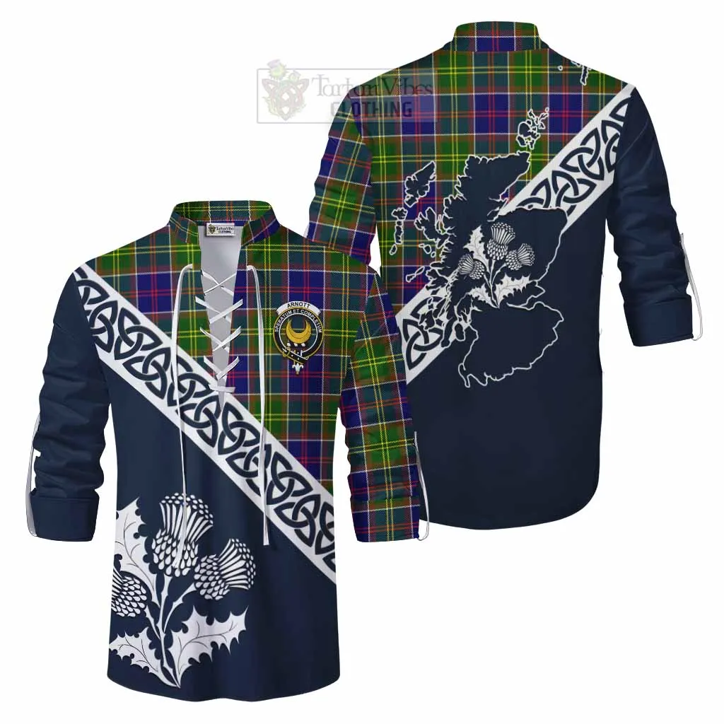 Arnott Tartan Ghillie Kilt Shirt Featuring Thistle and Scotland Map