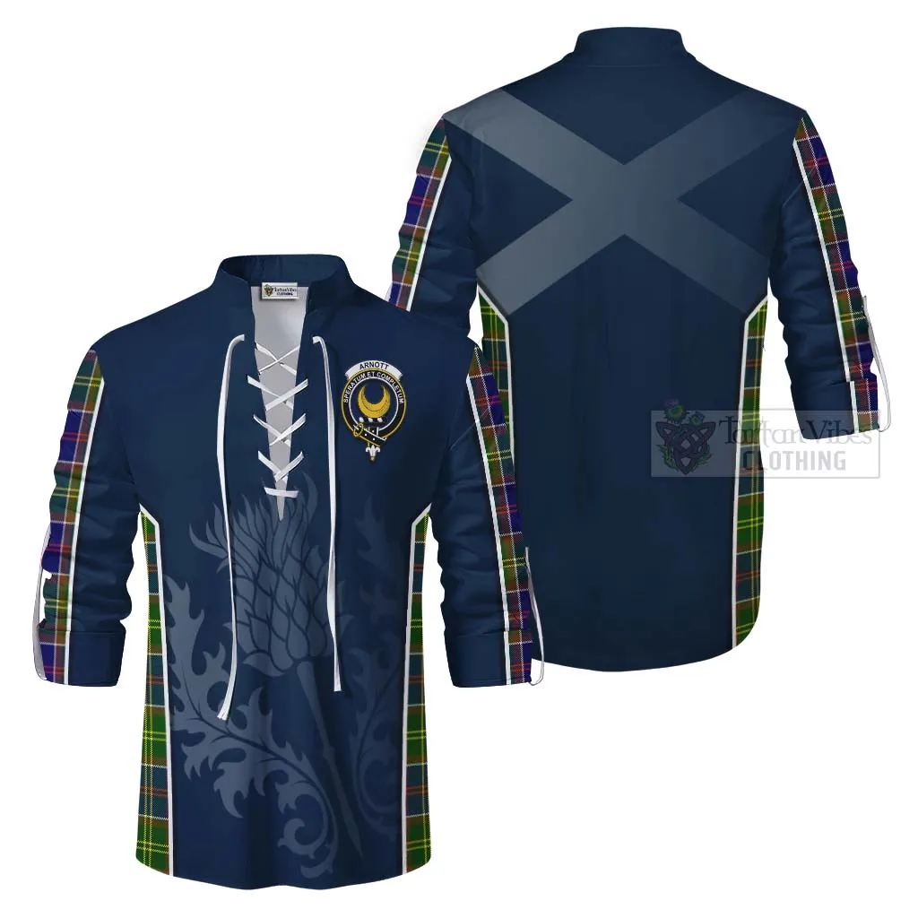 Arnott Tartan Ghillie Kilt Shirt with Family Crest and Scottish Thistle Vibes Sport Style