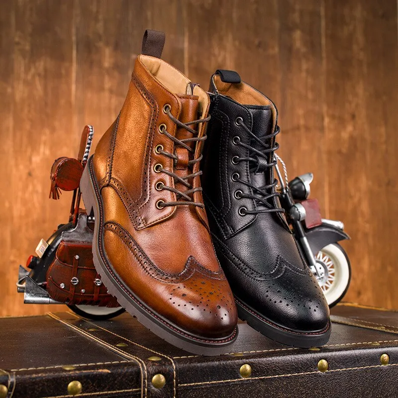 Ashore Shop 2023 British Trend Mens Boots Quality Real Cow Leather Handmade Fashion Brown Man Casual Brogues Shoes with Side Zipper