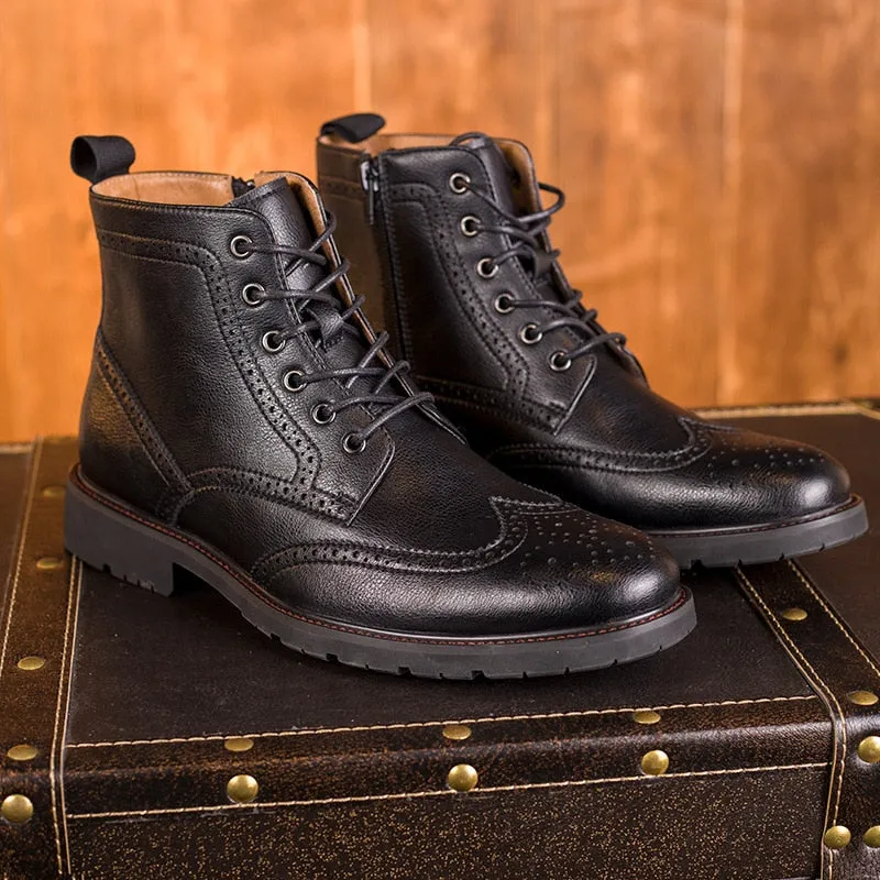 Ashore Shop 2023 British Trend Mens Boots Quality Real Cow Leather Handmade Fashion Brown Man Casual Brogues Shoes with Side Zipper