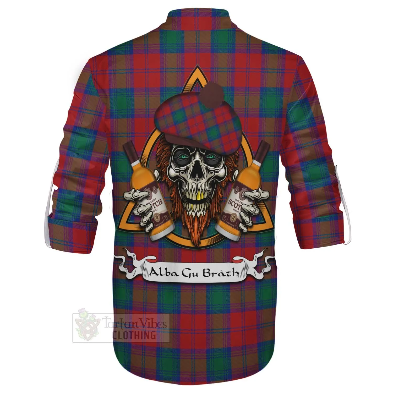 Auchinleck (Affleck) Tartan Ghillie Kilt Shirt with Family Crest and Bearded Skull Holding Bottles of Whiskey