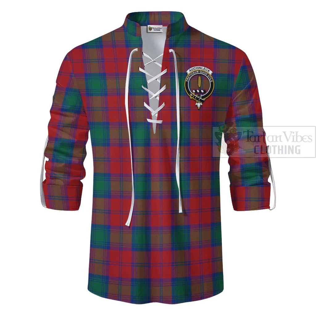 Auchinleck (Affleck) Tartan Ghillie Kilt Shirt with Family Crest and Bearded Skull Holding Bottles of Whiskey