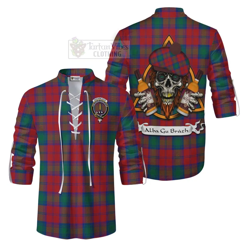 Auchinleck (Affleck) Tartan Ghillie Kilt Shirt with Family Crest and Bearded Skull Holding Bottles of Whiskey