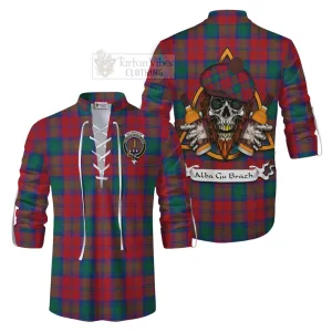 Auchinleck (Affleck) Tartan Ghillie Kilt Shirt with Family Crest and Bearded Skull Holding Bottles of Whiskey