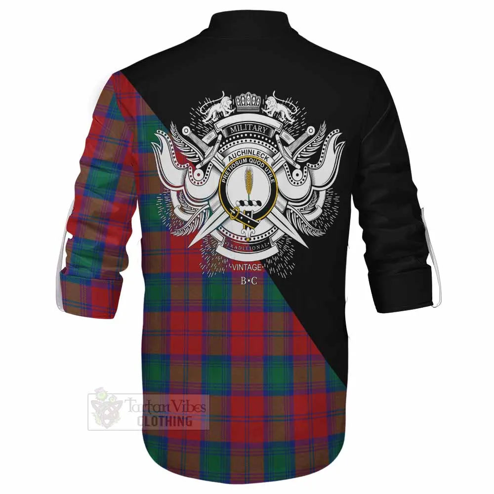 Auchinleck (Affleck) Tartan Ghillie Kilt Shirt with Family Crest and Military Logo Style