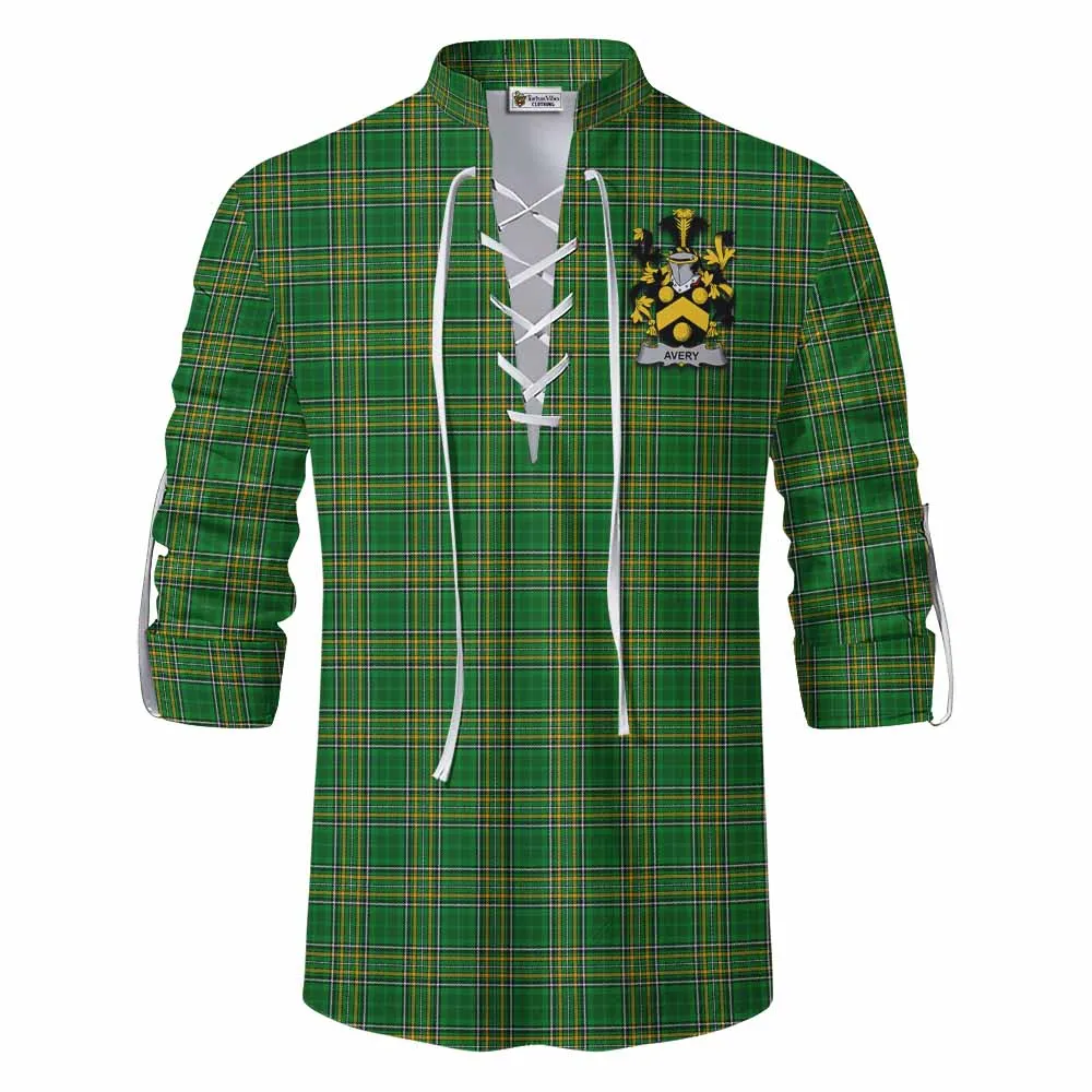 Avery Irish Clan Tartan Ghillie Kilt Shirt with Coat of Arms