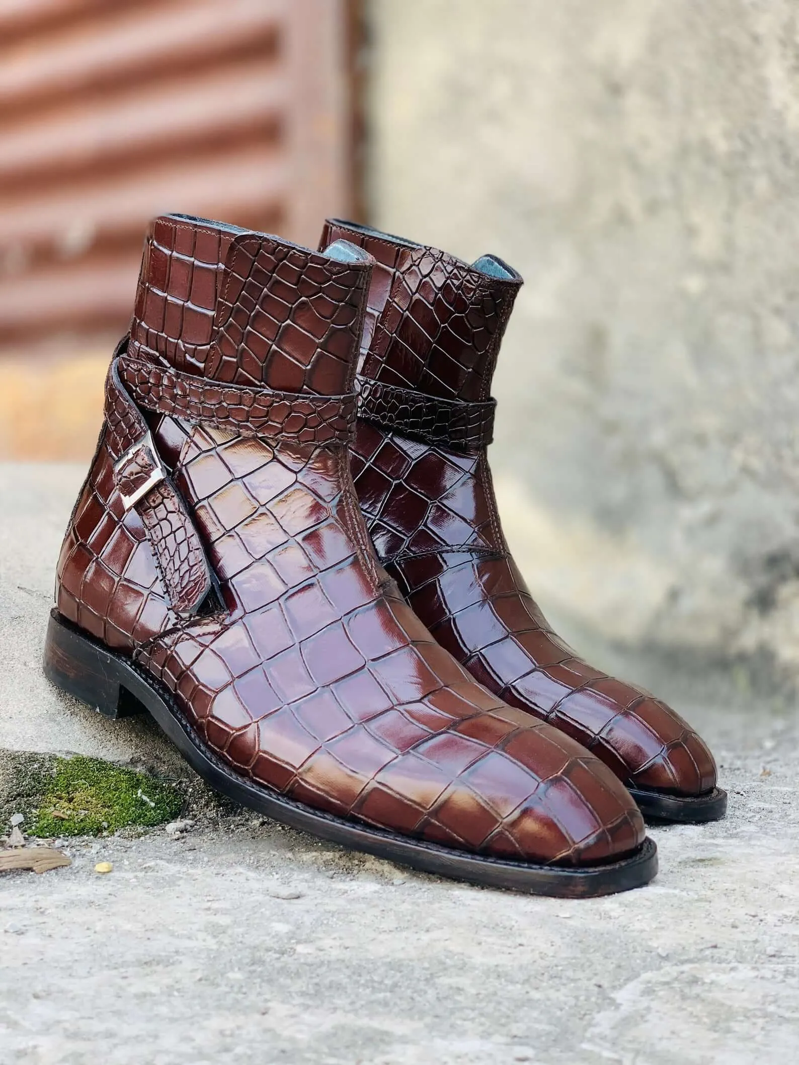 Awesome Handmade Men's Brown Alligator Textured Leather Jodhpur Boots, Men Fashion Dress Ankle Boots