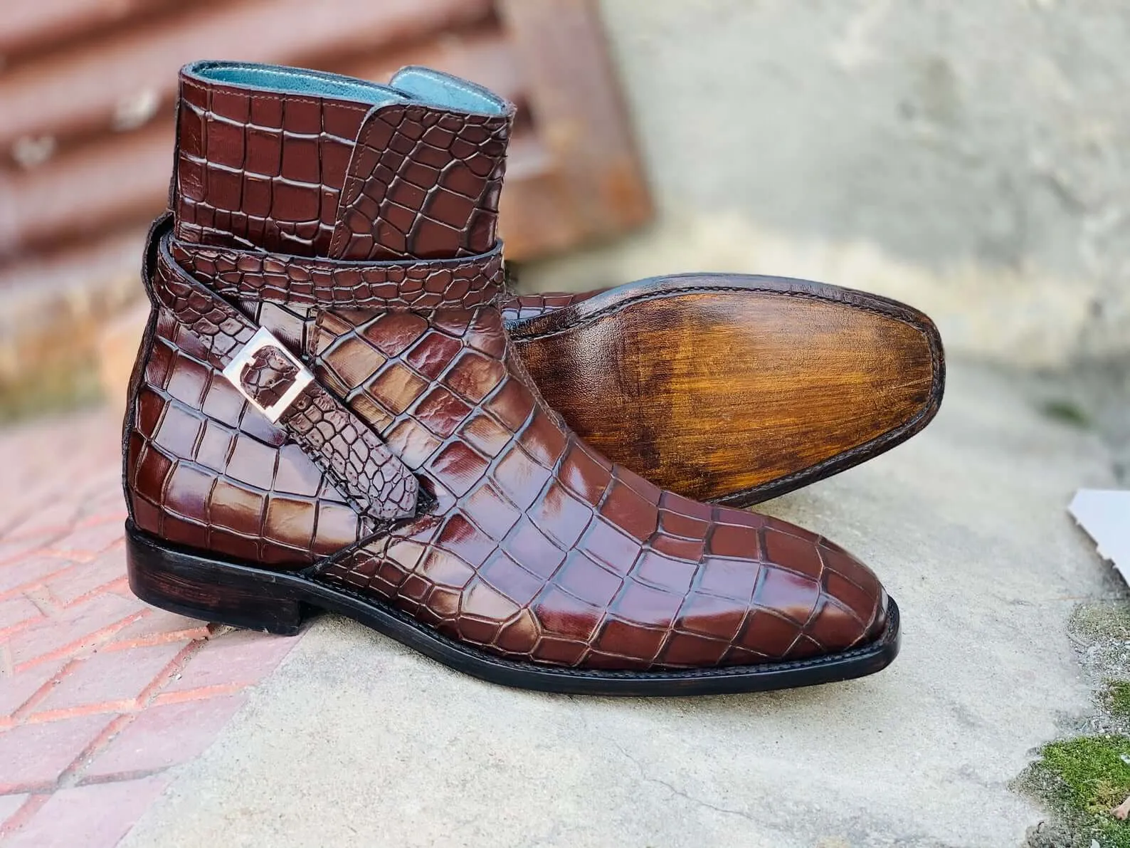 Awesome Handmade Men's Brown Alligator Textured Leather Jodhpur Boots, Men Fashion Dress Ankle Boots