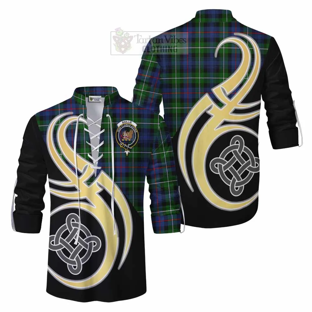 Baillie (Bailey) Tartan Ghillie Kilt Shirt with Family Crest and Celtic Symbol Style