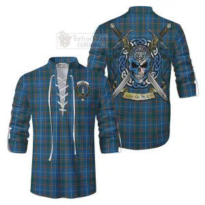 Bain Tartan Ghillie Kilt Shirt with Family Crest Celtic Skull Style