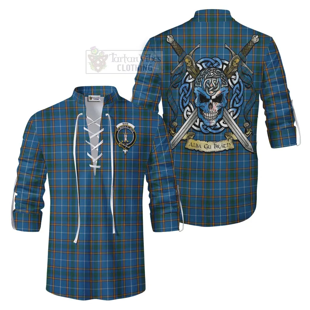 Bain Tartan Ghillie Kilt Shirt with Family Crest Celtic Skull Style